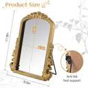 Vintage Vanity Mirror with Stand 11.8"x9.6" Gold Tabletop Makeup Mirror, Arched Decorative Mirror with Carved Engineered Wood Frame for Bedroom, Dresser, Bathroom or Desk