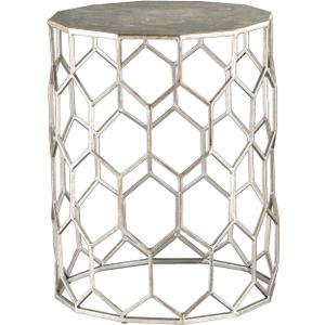 SEI Furniture Clarissa Metal Honeycomb Accent Table, Geometric Style Round Console Table With Faux Leather Top for Living Room, Silver, 13.75 in x 13.75 in x 18.25 in
