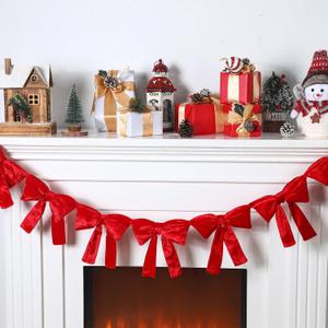 VitalCozy 6 ft Christmas Red Velvet Bows Garland Pre-strung Christmas Garland Banner with 10 Bows Xmas Decor for Tree Mantel Fireplace Cabinet Stair Bedroom Living Room Home Indoor Holiday Decoration
