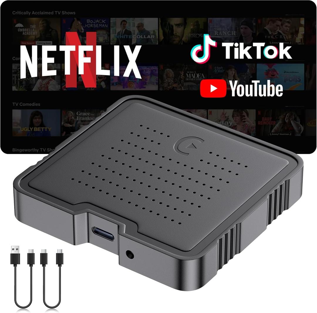 Wireless CarPlay Adapter 2025 Smart AI Box for iPhone & Android Auto | Streaming Entertainment Video Box with Support for TikTok Netflix YouTube TF Card | Plug & Play in-Car Multimedia System