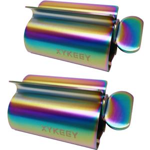 XYKEEY Toothpaste Tube Squeezer - Set of 2 Toothpaste Squeezer Rollers, Metal Toothpaste Tube Wringer Seat Holder Stand (Iridescent)