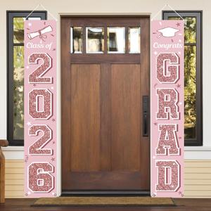 KMUYSL Graduation Decorations Class of 2026, Pink Congrats Grad Banner Hanging Flags Porch Sign, 2026 Graduation Decorations Party Supplies for Any School Indoor/Outdoor Decor