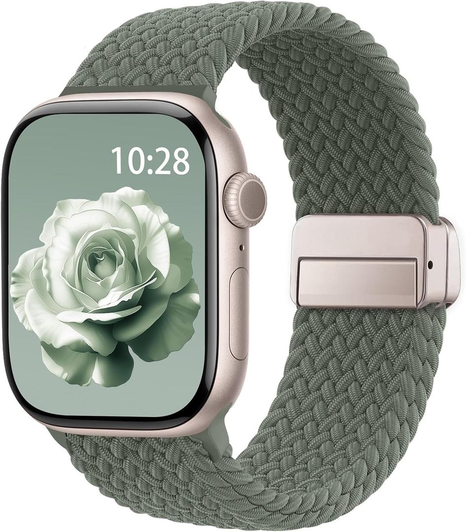 Braided Stretchy Band Compatible with Apple Watch Bands 44mm/45mm/46mm/49mm/(42mm-series 3 2 1) Women Men, Soft Nylon Solo Loop Magnetic Sport Strap for iWatch Series 11 10 9 8 7 6 5 4 3 2 1 SE Ultra