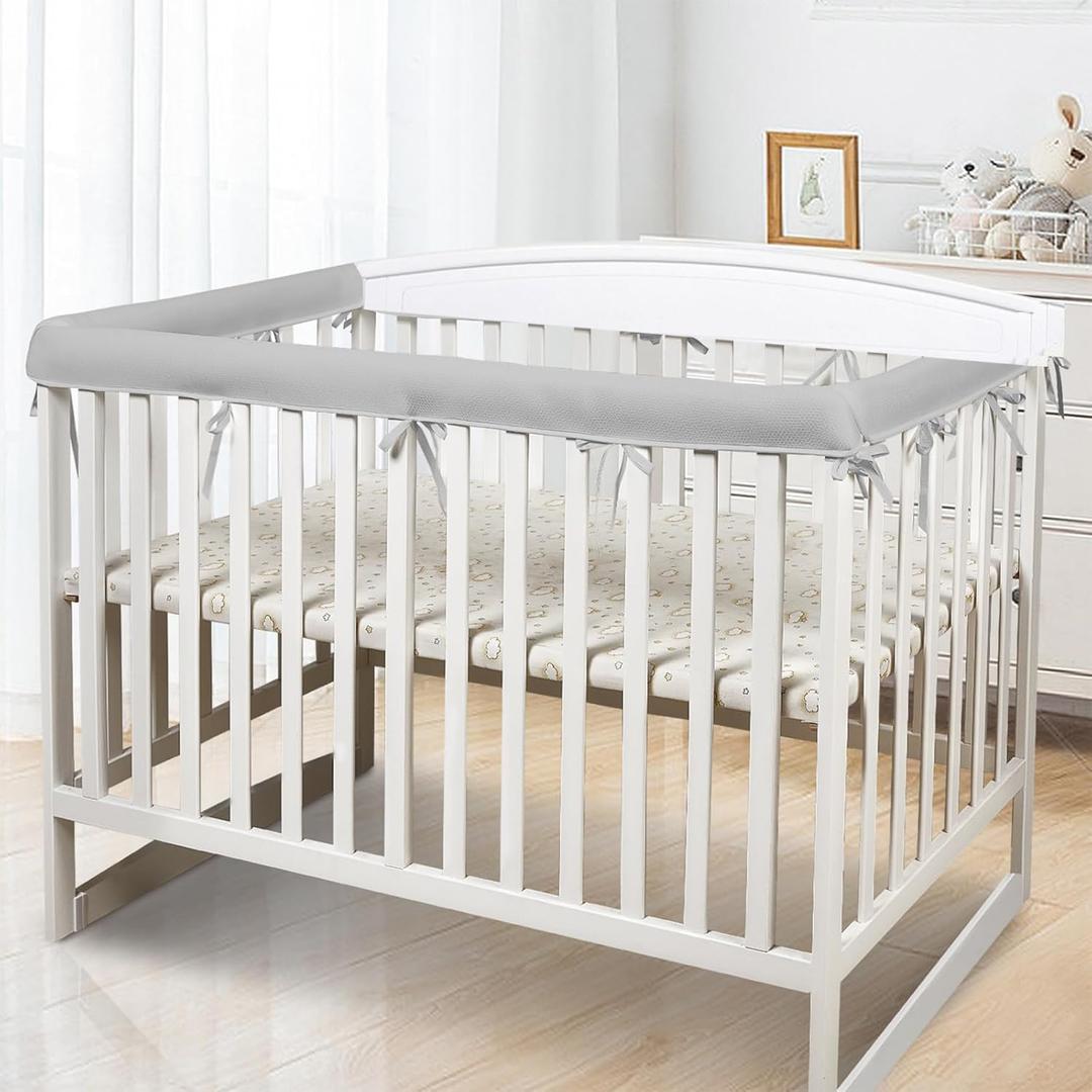 Crib Rail Covers for Teething, 3 pcs Soft Anti-Collision Strip Corner Cover, Crib Teething Rail Cover, Rail Edge Protector Teething Guard (Gray-breathble)