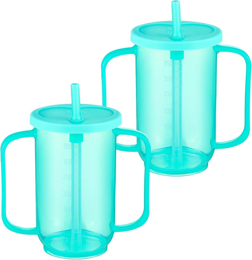 Sliner 2 Pcs Adult Sippy Cups for Elderly, 12 oz Plastic Spill Proof Cups with 2 Handles Straw and Lid for Adults Hospital Disabled Dysphagia Patients (Blue)