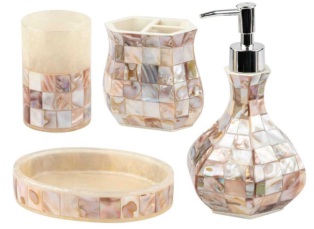 Milano Bathroom Accessories Set  4 Piece Bathroom Accessory Set with Natural Mother of Pearl Shells  Decorative Bathroom Set Includes: Soap Dispenser, Toothbrush Holder, Tumbler and Soap Dish