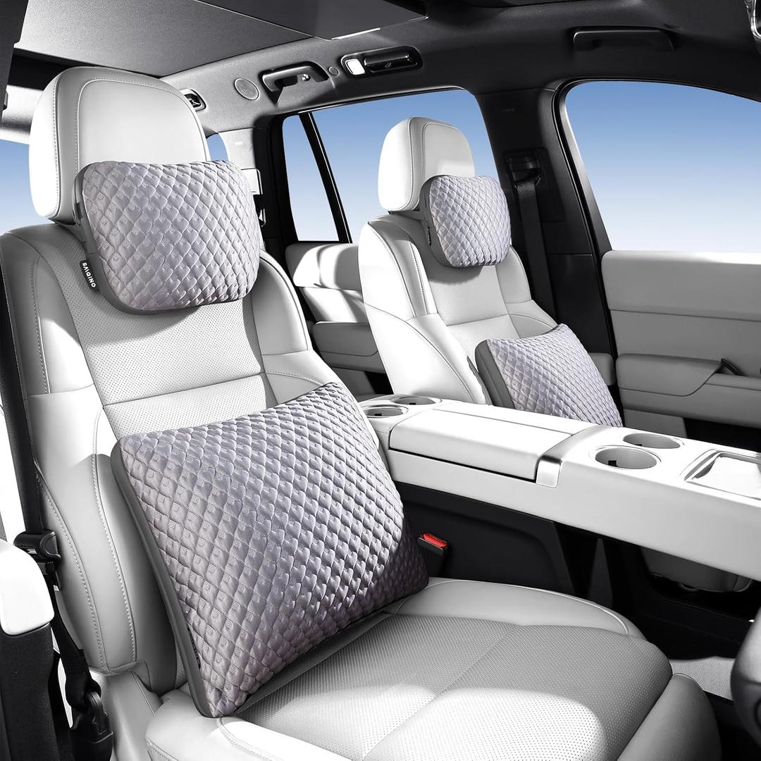 Car Headrest and Lumbar Support Pillow Set,1 Piece, Neck & Back Support for Driver/Passenger Seat, Comfortable & Breathable, Relieves Neck & Back Pain, Ideal for Long Drives (B/Grey)