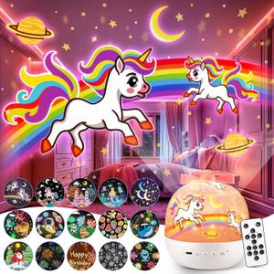 Pikoy Unicorn Toys for Girls Gifts, 15 Films+15 Lullaby Sound Machine for Kids Night Light Projector, Remote+Rechargeable Night Light for Kids Gifts, 360 Rotation Princess Mermaid Toddler Girl Toys