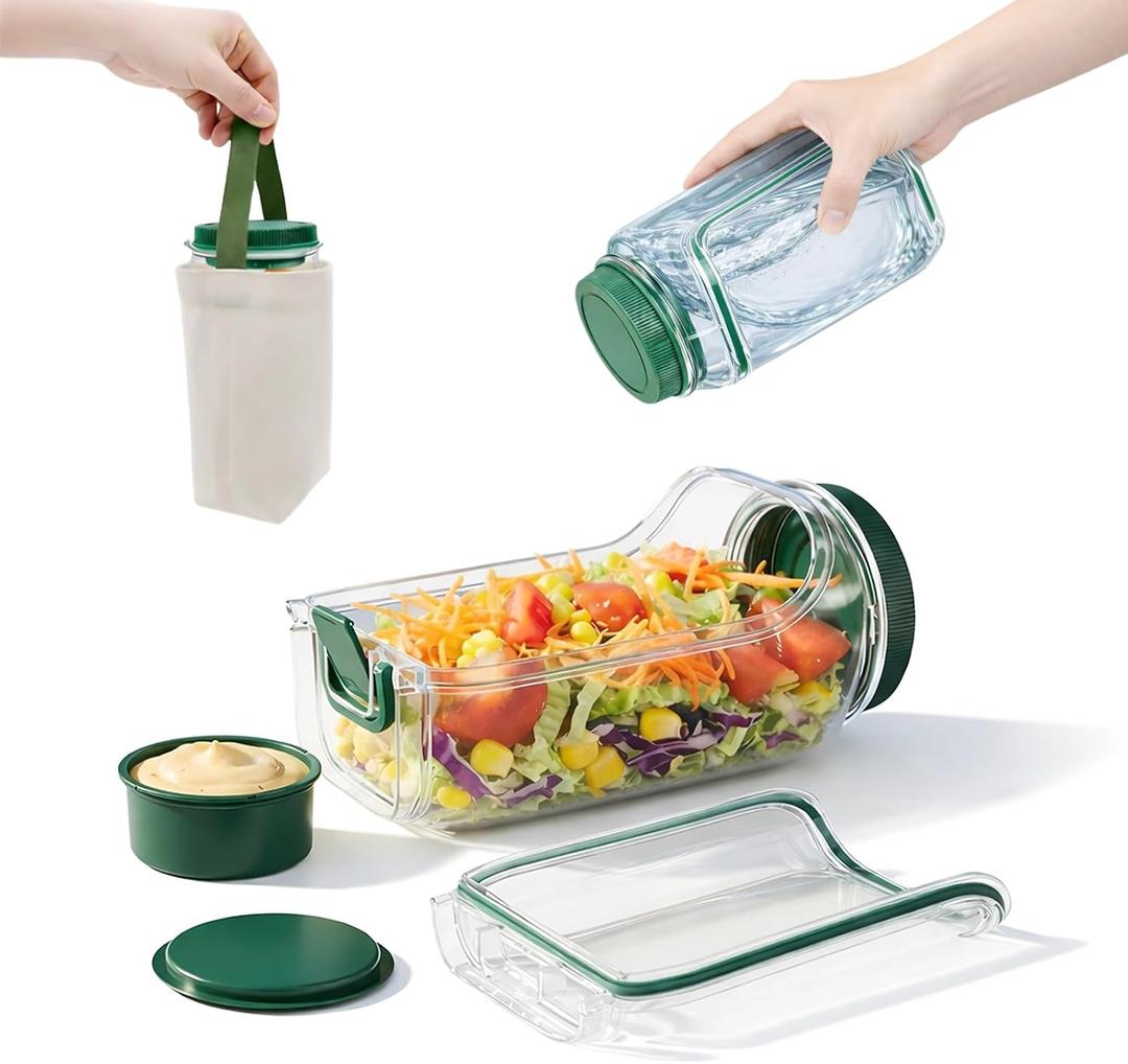 Salad Jar with Side Opening, Salad Pod with Dressing Cup & Measurements, Includes Carry Bag for Fitness Meal Prep, Work Lunch, Travel, Camping, Picnic, Parties