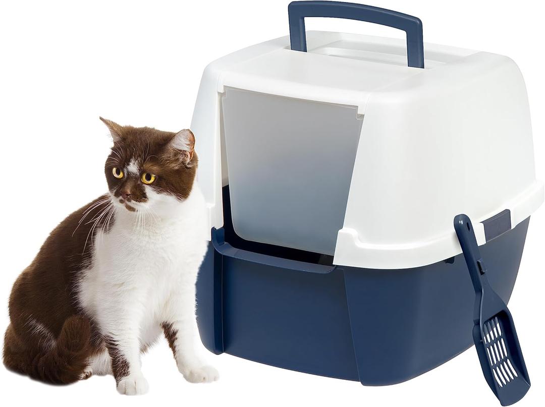 IRIS USA Cat Litter Box, Enclosed Litter Box with Front Door Flap and Scoop, Covered Kitty Litter Box with Handle and Buckles for Portability and Privacy, Navy/White