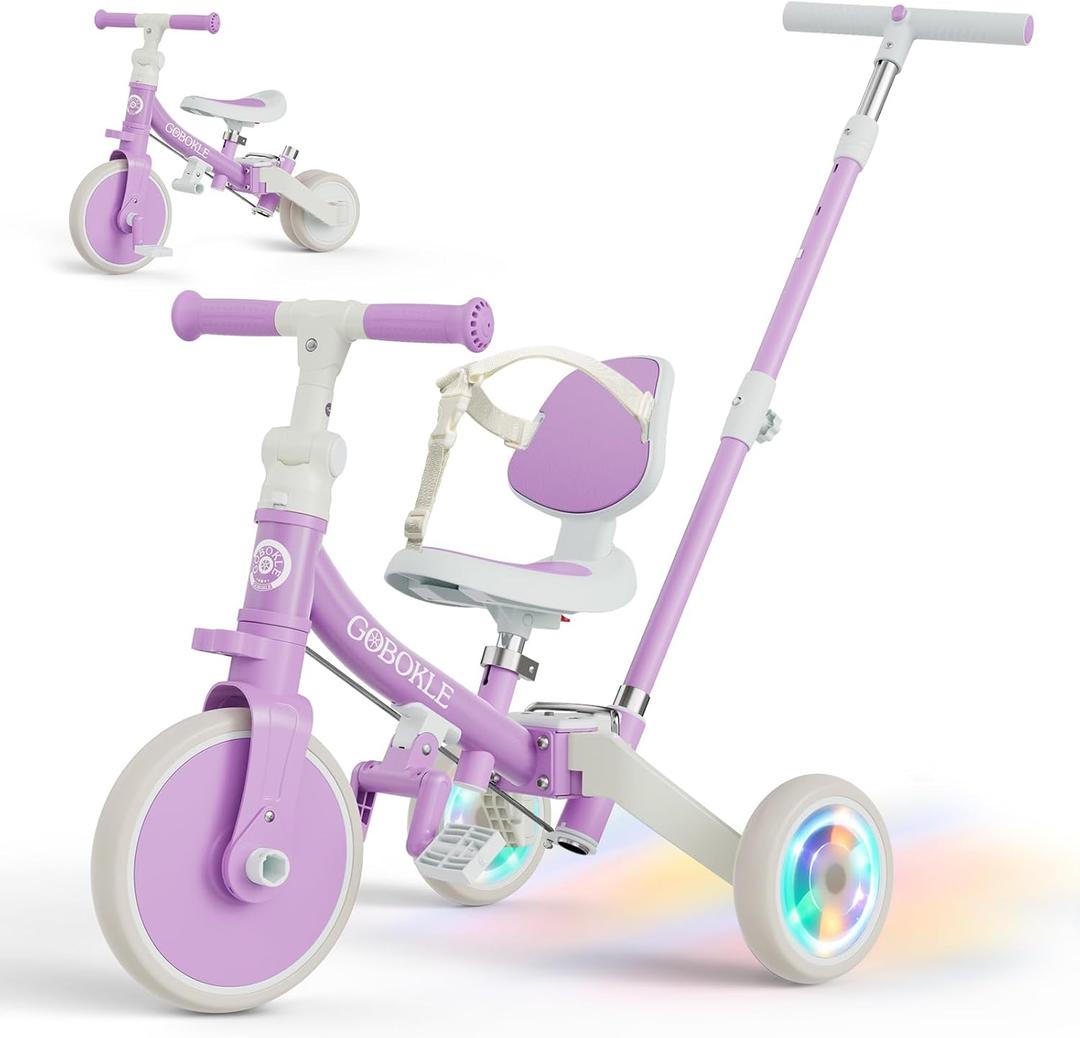 5-in-1 Tricycle for Toddlers 1-3, Convertible Toddler Bike with Push Handle & Removable Pedals, Balance Bike with Colorful Lighting Wheels, Adjustable Seat Height with Backrest (Purple)