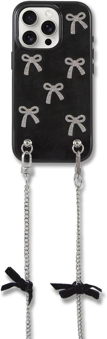 Crossbody Case for iPhone 15 Pro - Black with Stylish Silver Detachable Chain - Silver Bows