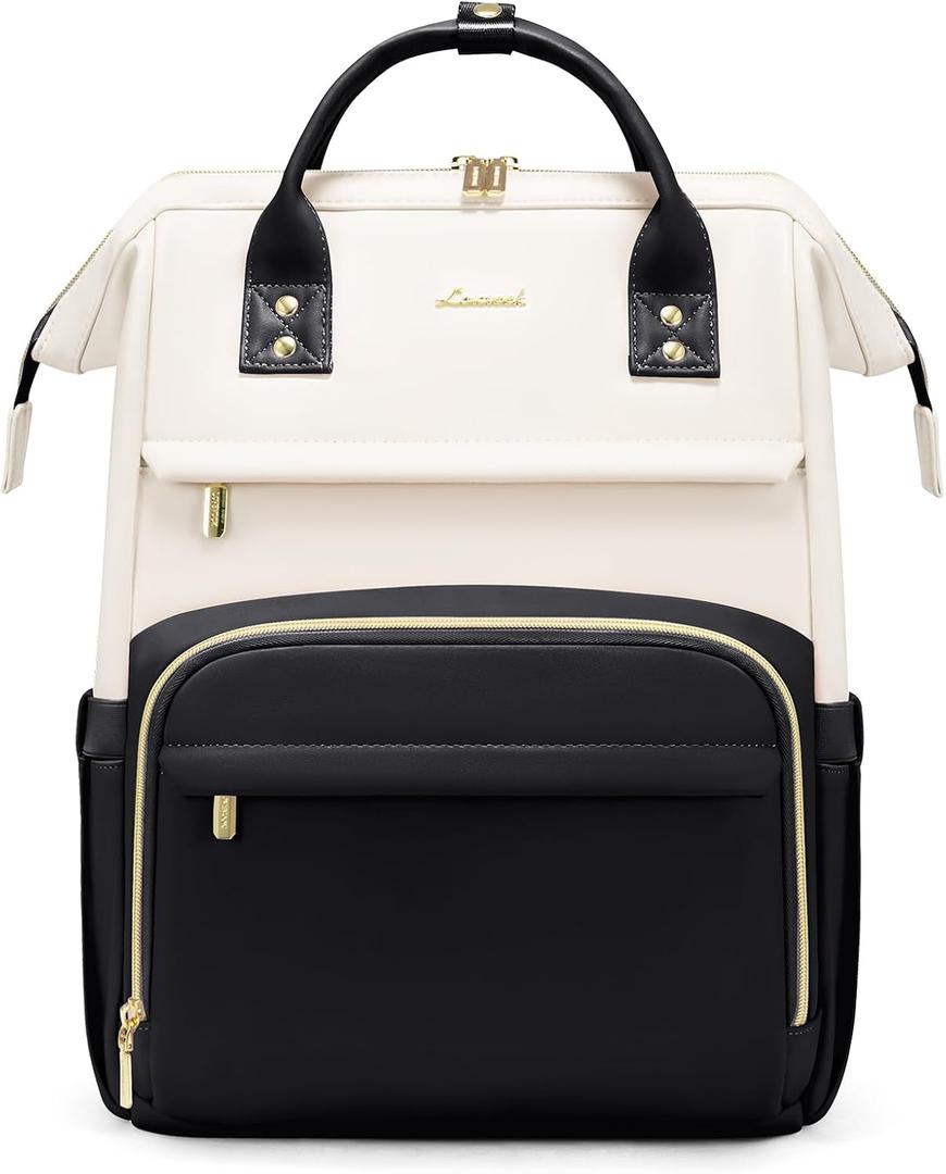 LOVEVOOK Leather Backpacks for Women,15.6 inch Leather Laptop Backpack Women,Professional Work Backpack Nurse College Teacher Bag,Womens Laptop Bag Computer Travel Backpacks Purse,Beige White-Black