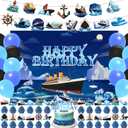59 Pcs Nautical Birthday Party Supplies, Ocean Themed Party Decoration with Backdrop, Balloons, Cake Cupcake Topper
