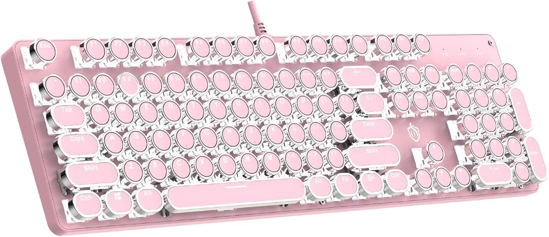 Typewriter Mechanical Gaming Keyboard with RGB Backlit Red Switches, 104 Keys Retro Round Keycap, Wired Typewriter Style Comfortable Typing Soud (Pink)