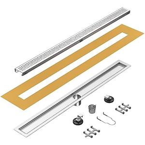 24 inch Linear Shower Drain with Square Hole Pattern Grate Cover, Brushed 304 Stainless Steel Bonding Flange Linear Drain, Low Profile Linear Shower Drain with Hair Strainer