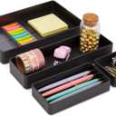 Stockroom Plus Set of 4 Plastic Drawer Organizer Trays, Black, 4 Assorted Sizes, Ideal for Cosmetic, Office, Classroom, and Computer Table Use