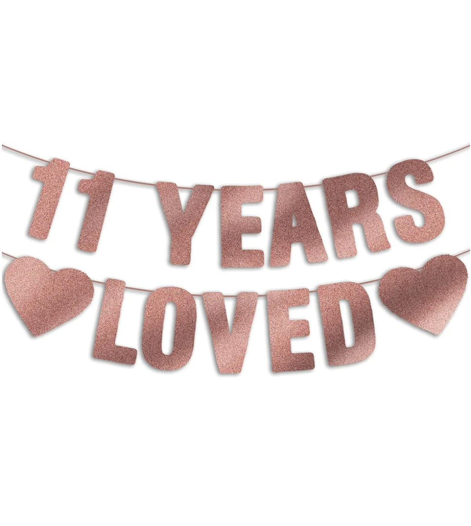 Pre-Strung 11 YEARS LOVED Rose Gold Glitter Banner, Happy 11th Birthday Decorations for Girls, 11 Year Old Party Decor for Her Pack of 2