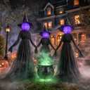 Dazzle Bright Halloween Witch Decorations Outdoor, Set of 3 Light Up Head Holding Hands Witch with Stakes, Waterproof Witch Decor for Garden Yard Lawn Haunted House Decor