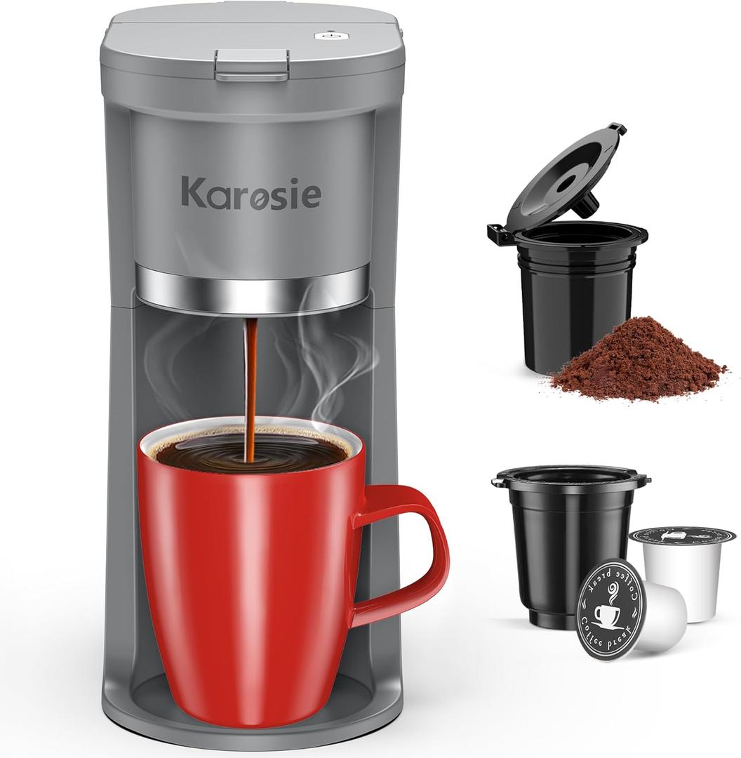 Slim Single Serve Coffee Maker, Fast Brew for K-Cup & Ground Coffee Small One Cup Coffee Maker, 6-12 Oz Brew Sizes, Coffee Machine with Descaling Reminder and Water Window, Grey (9.45 Inches)