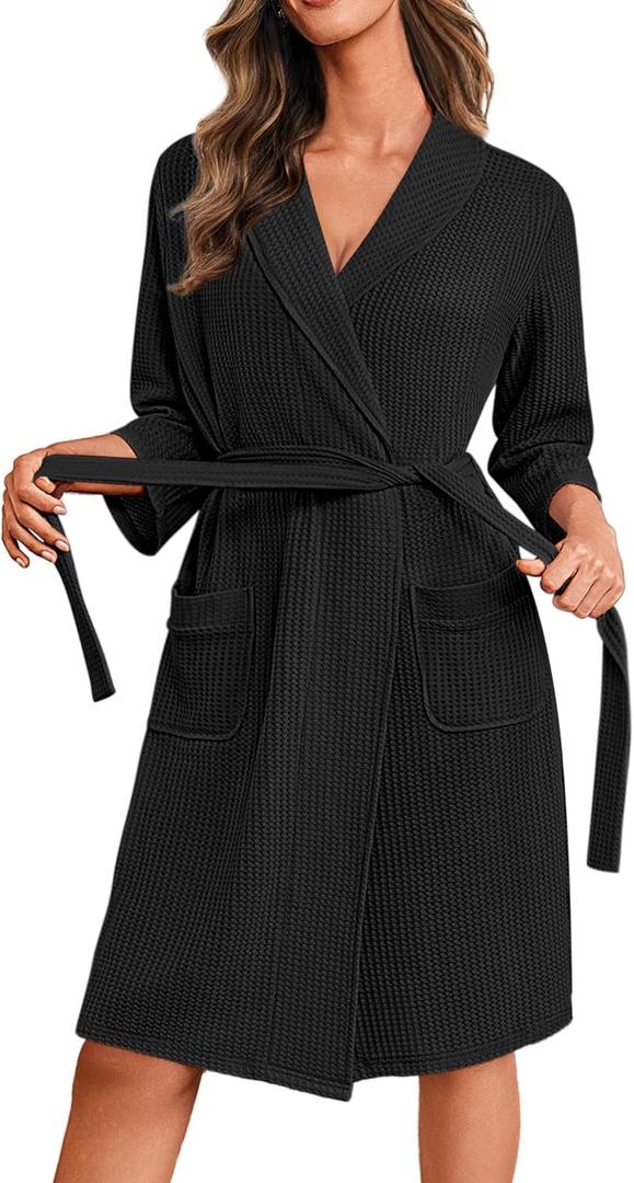 Ekouaer Robes for Women Waffle Knit Bathrobe Lightweight Kimono Robe Knee Length Loungewear with Pockets (X-Large, Black)