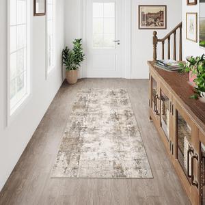 2x5 Washable Runner Rug Brown Grey Abstract Non Slip Soft Low Pile Hallway Kitchen Rug Neutral Modern Carpet for Laundry Bathroom Bedroom Living Room Home Decor