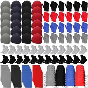 Liitrsh 120 Pcs Homeless Care Package Supplies Winter Beanie Hat Gloves Socks Scarves Polyester Drawstring Bags for Women Men (Black, Gray, Red, Blue)