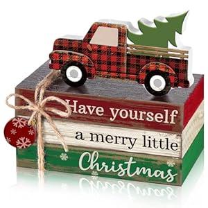 Anglechic 4 Pcs Christmas Tiered Tray Decor Wooden Merry Christmas Winter Table Decorations Faux Decorative Truck Stacked Book Indoor Rustic Block Sign Xmas Gift Farmhouse for Home Shelf Kitchen