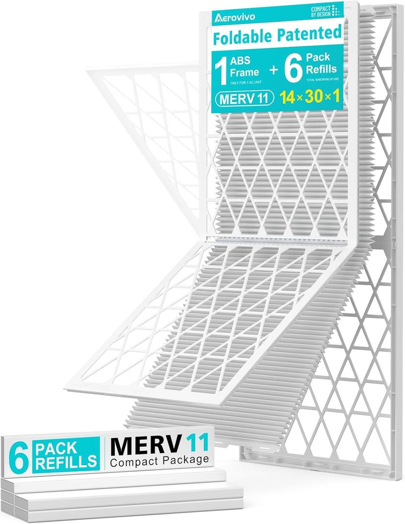 14x30x1 Refillable Air Filter Kit, MERV 11, 1 Reusable Foldable Frame  6 Refills, Fits Most AC HVAC Furnace Devices, Actual Size 13.75x29.75x0.75in