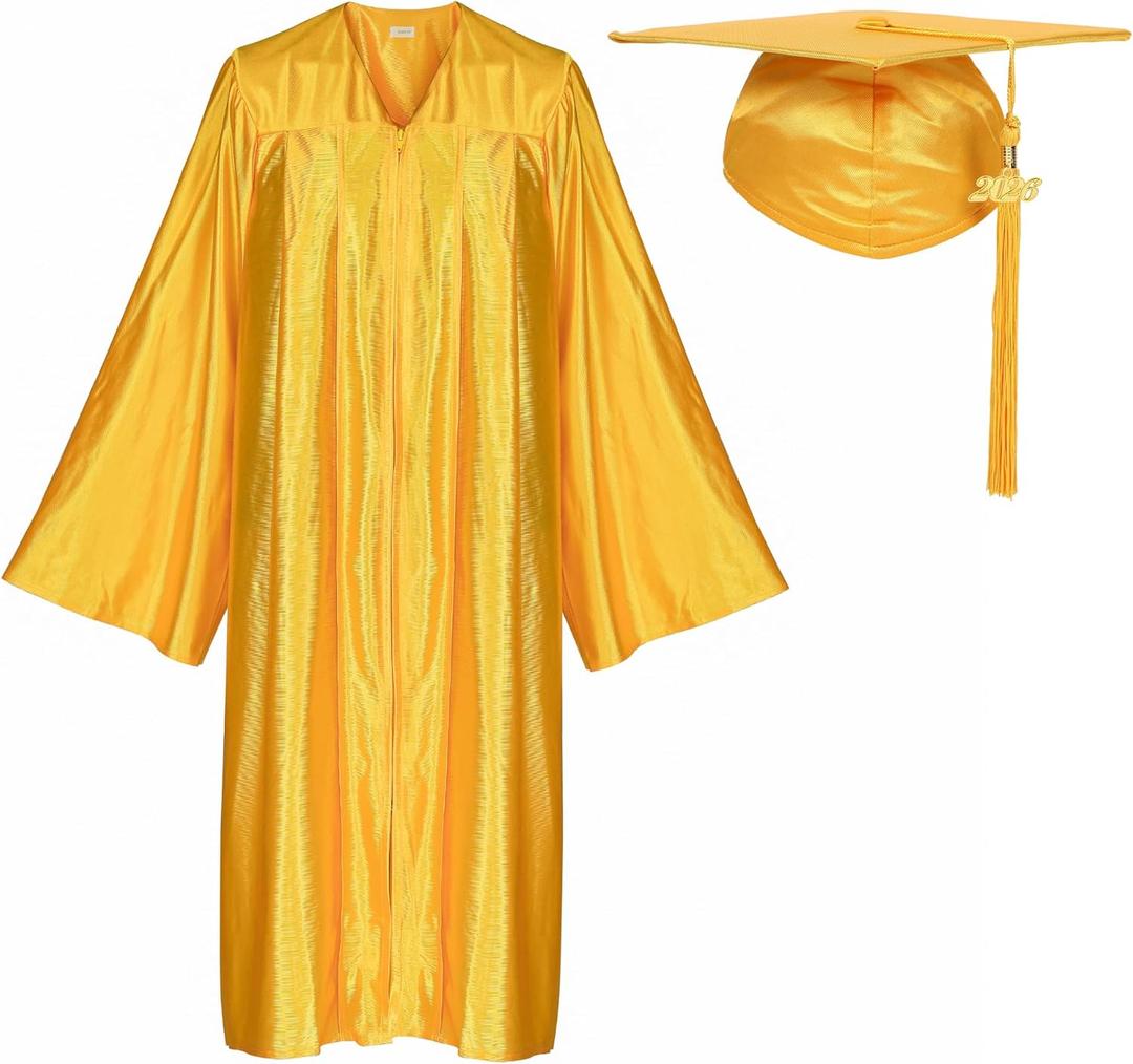 Newrara Adult Shiny Graduation Cap and Gown Tassel Set for High School & Bachelor (Yellow)