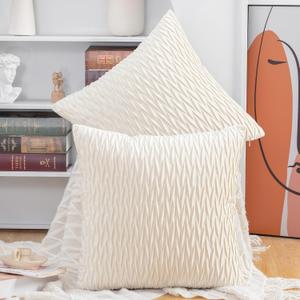 MADIZZ Set of 2 Super Soft Velvet Decorative Throw Pillow Covers 12x12 inch White Square with Texture Luxury Style Cushion Case Pillow Shell for Sofa Bedroom