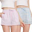 LYCY 2 Pack Womens 100% Cotton Plaid Pajama Shorts Y2k Gingham Cute Pj Short Pants Summer Striped Lounge Sleep Bottoms (Small, Pink Green Stripe+blue Green Plaid)