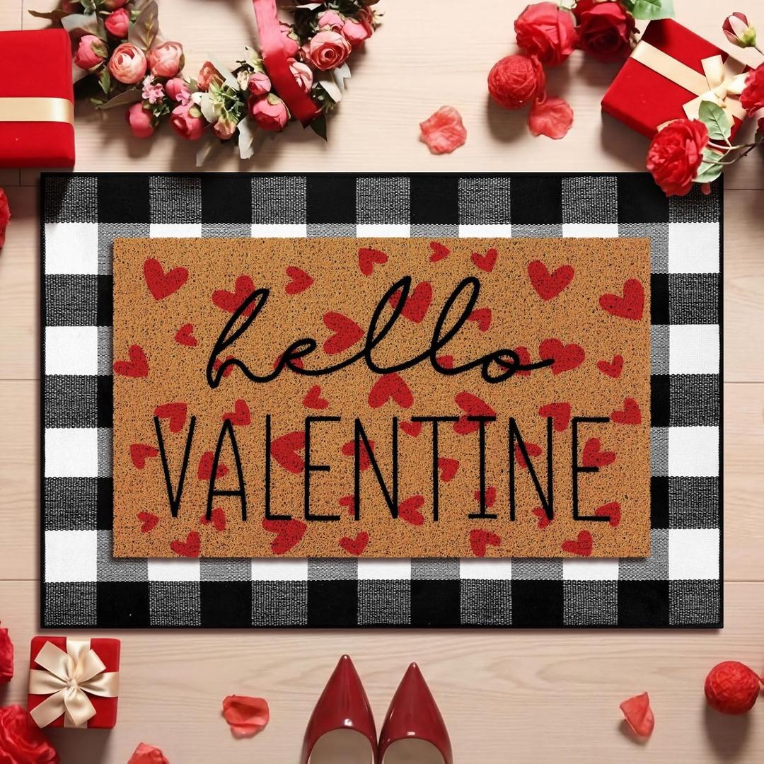 Tinideya 2 Pcs Valentine Door Mat Hello February 14th Welcome Non Slip Coir Mats Red Heart Black and White Plaid Floor Layering Doormats Seasonal for Front Porch Entryway Decor(Valentine) (23.6 x 35.4 Inches)