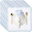 Hahafelt 6 Set Cloth Napkins 18x18inches Scalloped Embroidery Cloth Napkins Washable Polyester Table Dinner for Hotel Restaurant Weddings Events Parties (Blue)
