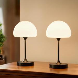 Black Glass Cordless Mushroom Table Lamp Set of 2-13 Inch Rechargeable Battery Operated Bedside Night Light with Stepless Dimming Touch Control for Bedroom Nightstand