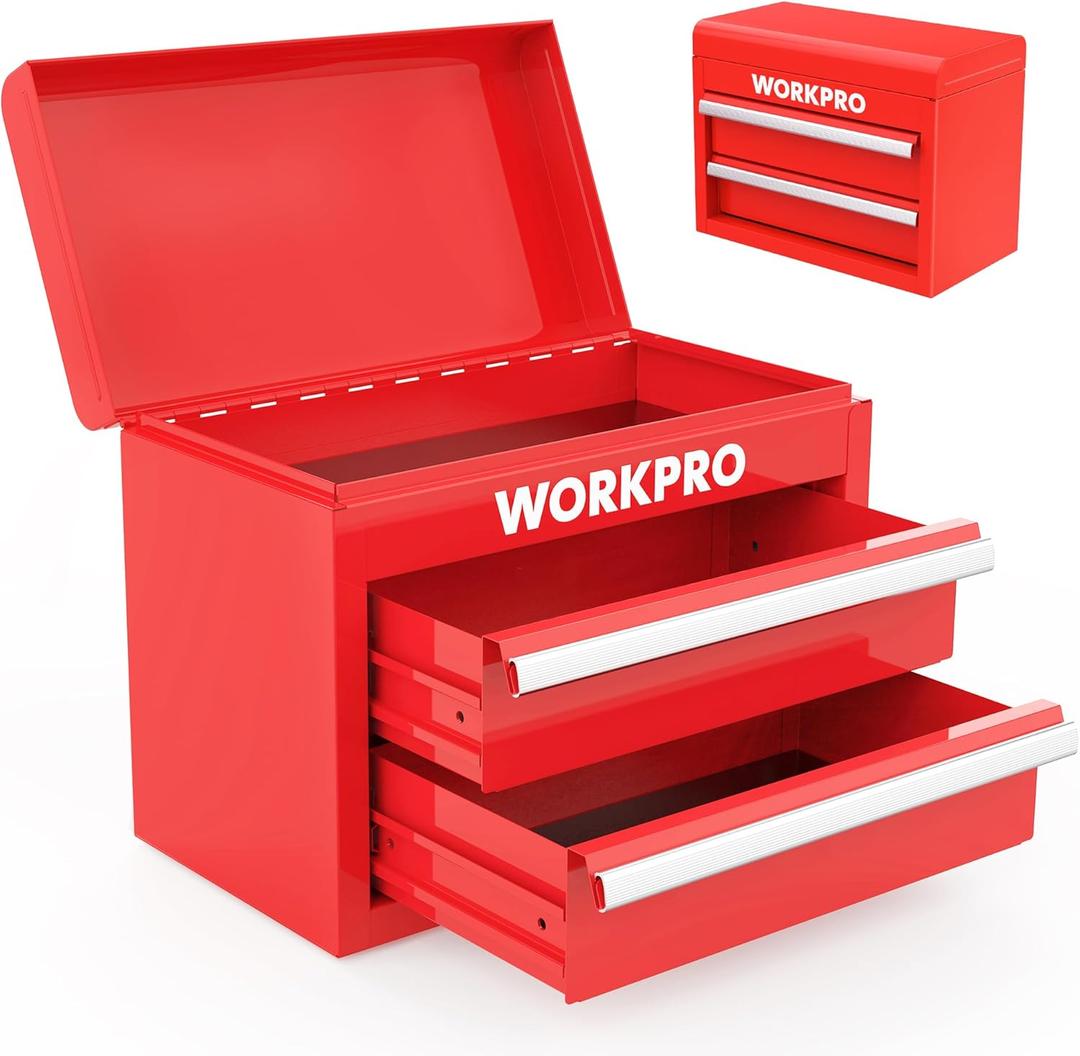 WORKPRO Mini Metal Tool Box with 2 Drawers and Top Storage, Small Tool Chest with PVC Liners and PP Feet Pads, Cold Rolled Steel Toolbox with Magnetic Tab (Red)