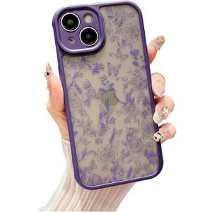 for iPhone 15 Case, Flowers Butterfly Slim Hard PC Frosted Shockproof Drop Protection Cover, Translucent Matte Floral Phone Case for Women Girls 6.1" - Purple