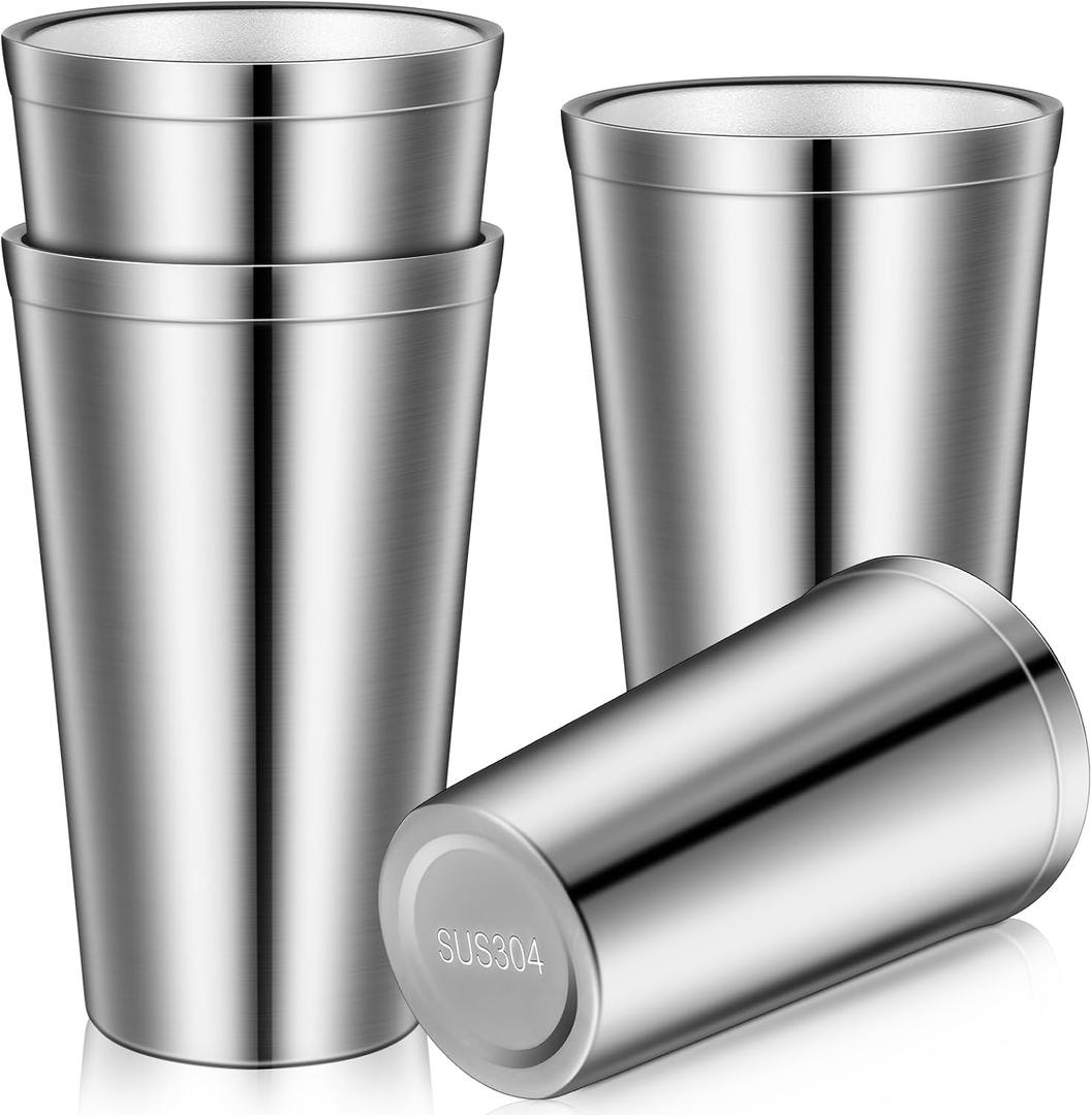 Zopeal Stainless Steel Cups 16 Oz, Double Wall Vacuum Pint Cup Tumbler, Stackable Metal Unbreakable Drinking Glasses for Home and Outdoor (Silver,4 Pcs)