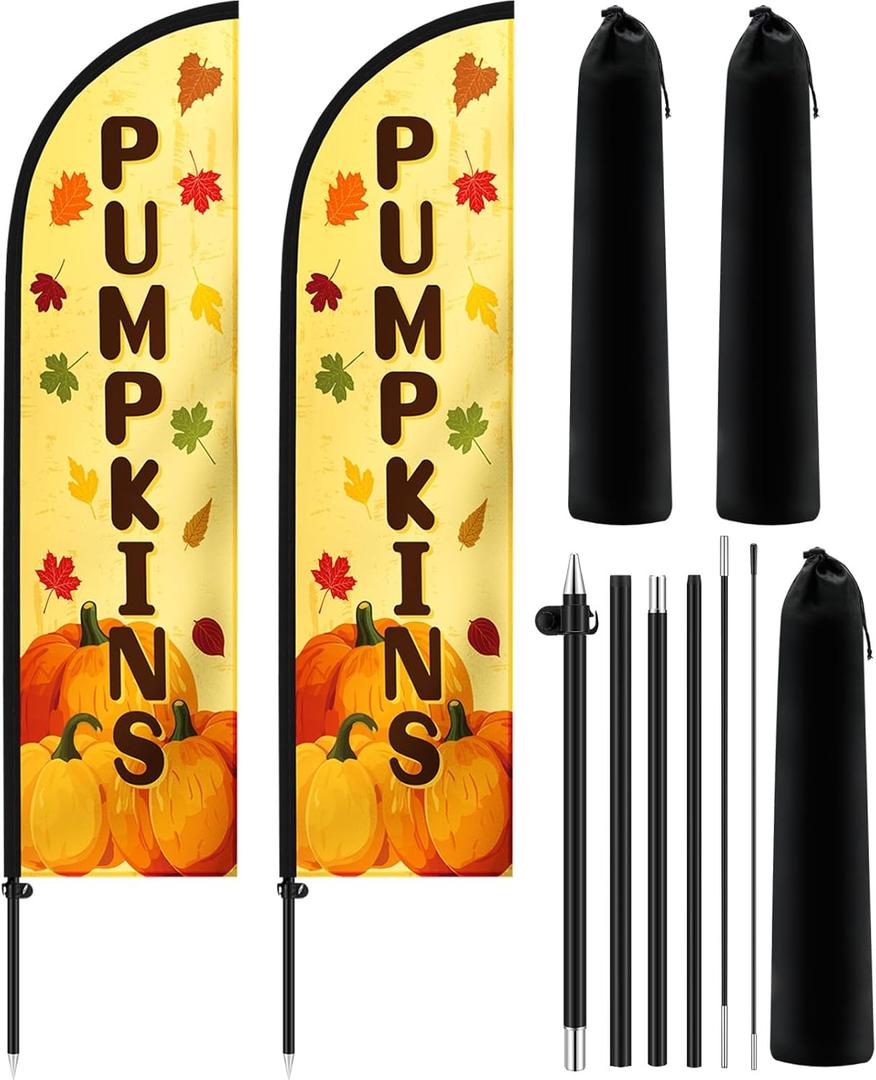 Tioncy 2 Set Pumpkins Feather Flag Kit 7 Ft Pumpkin Swooper Flag Kit for Business Fall Banner Sign with Flagpole and Ground Spike for Advertising Outdoor Decorations