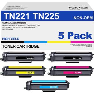TN221 TN225 Toner Cartridge High Yield Replacement for Brother TN 221 TN 225 Compatible with MFC-9130CW HL-3170CDW HL-3140CW HL-3180CDW MFC-9330CDW (2 Black, 1 Cyan, 1 Magenta, 1 Yellow, 5 Pack)