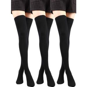 SATINIOR 3 Pairs Thigh High Socks Cotton Over Knee Socks Knit Long Boot Stocking, Black, Medium