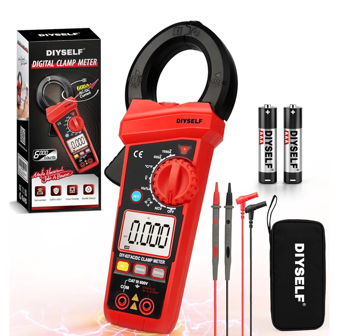 DIYSELF Digital Clamp Meter Multimeter for HVAC Tools 6000 Counts AC/DC Voltage Tester Amp Meter Capacitance Meter Resistance Continuity Tester NCV with Test Leads Pouch and Batteries