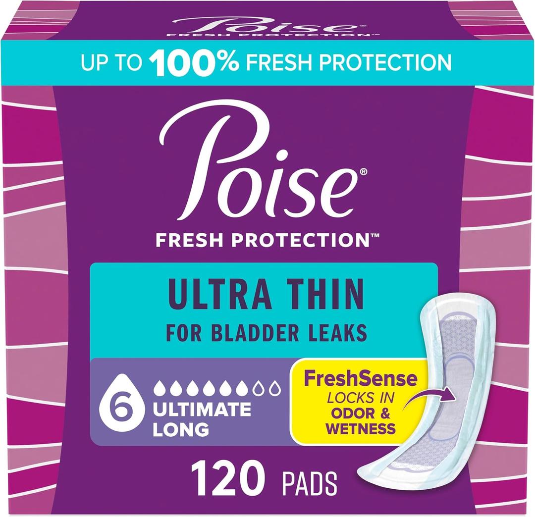 Poise Ultra Thin Incontinence Pads & Postpartum Pads for Bladder Leaks, 6 Drop Ultimate Absorbency, Long Length, 120 Count (3 Packs of 40)
