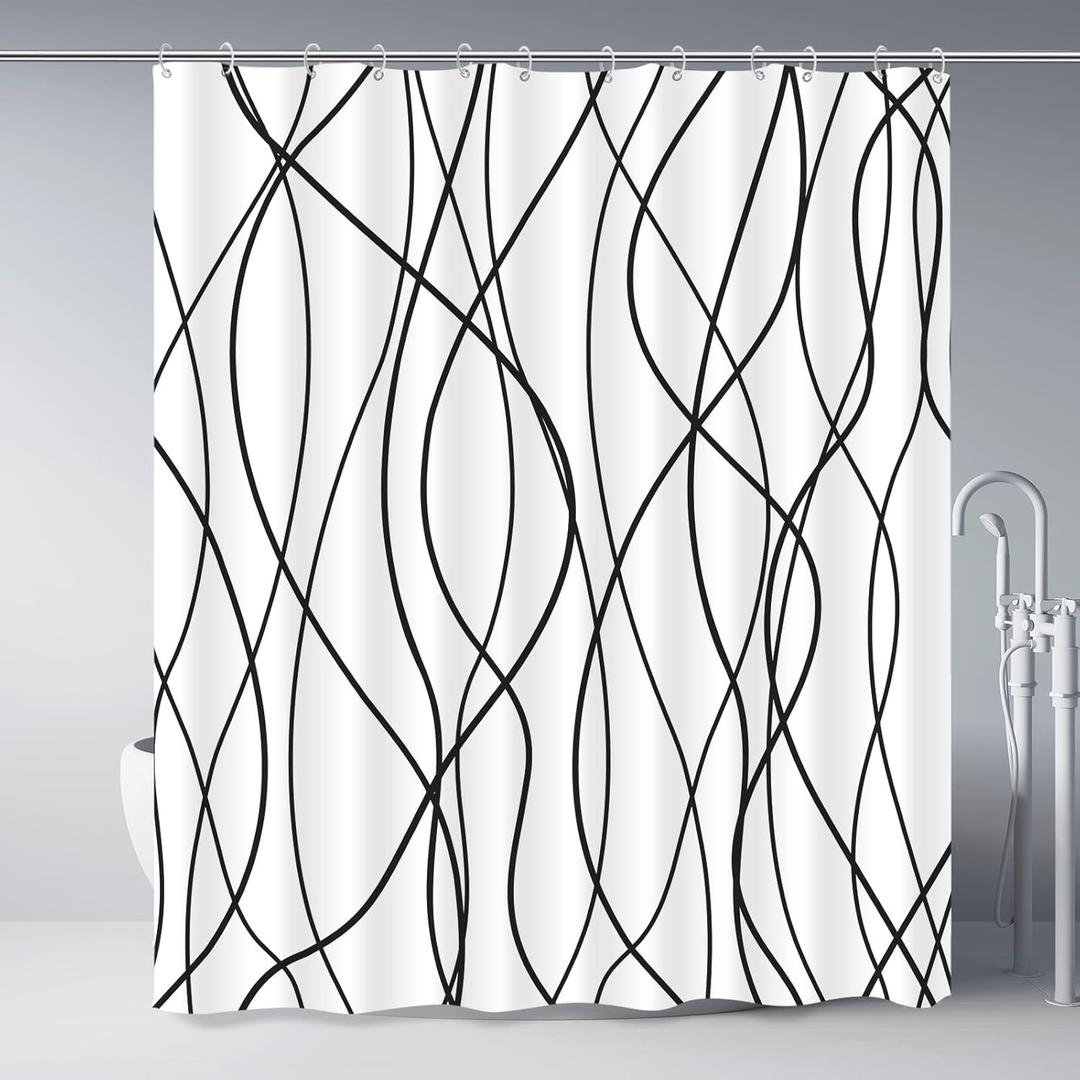 Punkray Black and White Striped Wavy Line Fabric Shower Curtain for Bathroom with 12 Hooks, Shower Curtains for Bathroom 72 Inches Long, Weighted Hem,Waterproof Bath Accessories Hotel Style (72"W x 72"L (Pack of 1), White Black)