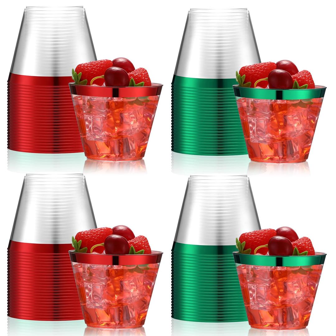 Zhehao 100 Pcs 9 oz Rimmed Plastic Cups Clear Wine Glasses Heavy Duty Cocktail Cups for Wedding Birthday Holiday Party Reception(Red, Green)