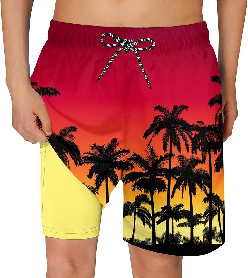 Cozople Boys Swim Trunks Compression Liner Swim Shorts Quick Dry Bathing Suit with Boxer Brief Swimwear 2-20T (5-6 Years, Aa Palm Tree Red)
