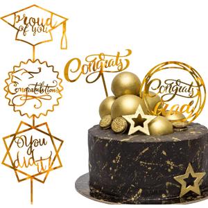 Whaline Graduation Cake Topper Gold Acrylic Cake Topper Congrats Grad You Did It Congratulations 5 Design Table Centerpiece Sticks Grad Party Food Appetizer Picks for Cakes Decor Supplies, 10pcs