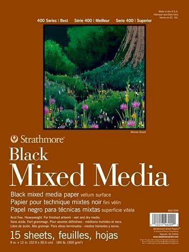Strathmore 400 Series Mixed Media Paper, Black, Foldover Pad, 9x12 inches, 15 Sheets (184lb/300g) - Artist Paper for Adults and Students - Watercolor, Gouache, Graphite, Ink, Pencil, Marker