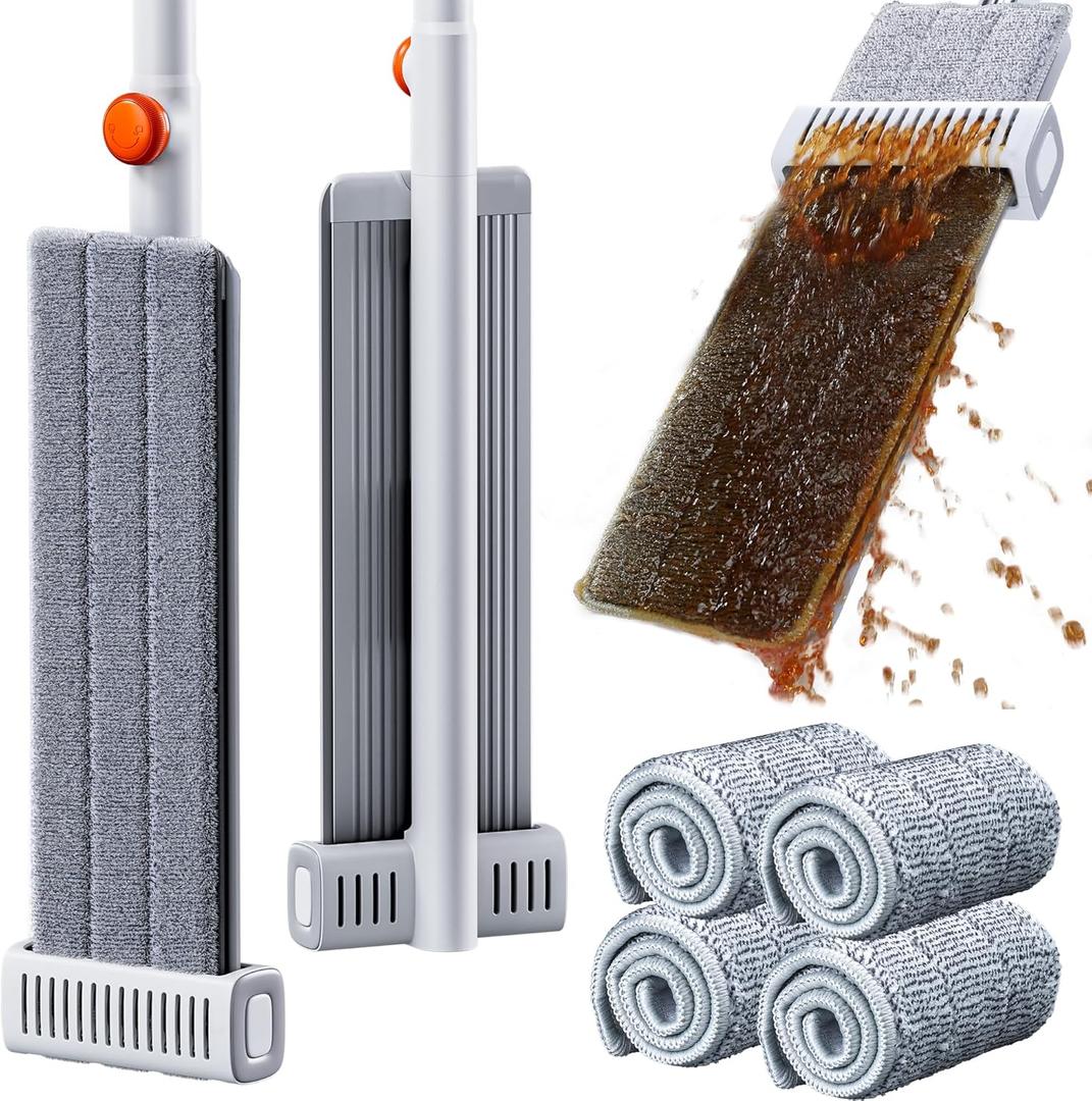 Self Wringing Microfiber Mop - Hands-Free Flat Mop with Wringing Blade | Aluminum Panel, Wet Dry for Apartment, Tiny Home, Windows, Wall, Hardwood, Laminate, Tile, Vinyl, 4 Reusable Pads