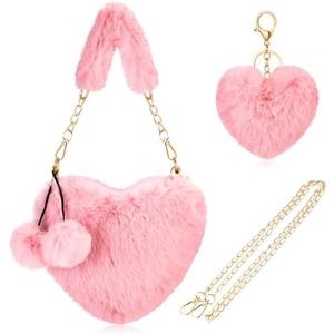 Abbylike Furry Heart Shaped Purse Fluffy Faux Fur Shoulder Bag Crossbody Bag for Women Girls Halloween Christmas Valentines, Set of 2